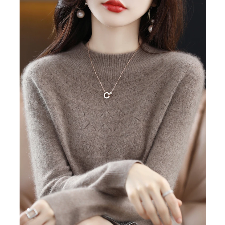 一线成衣无缝半高领镂空精纺羊毛打底衫秋冬宽松百搭