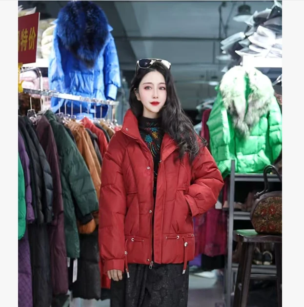 新款2025冬季红色棉服立领棉衣时尚休闲宽松加厚韩版百搭