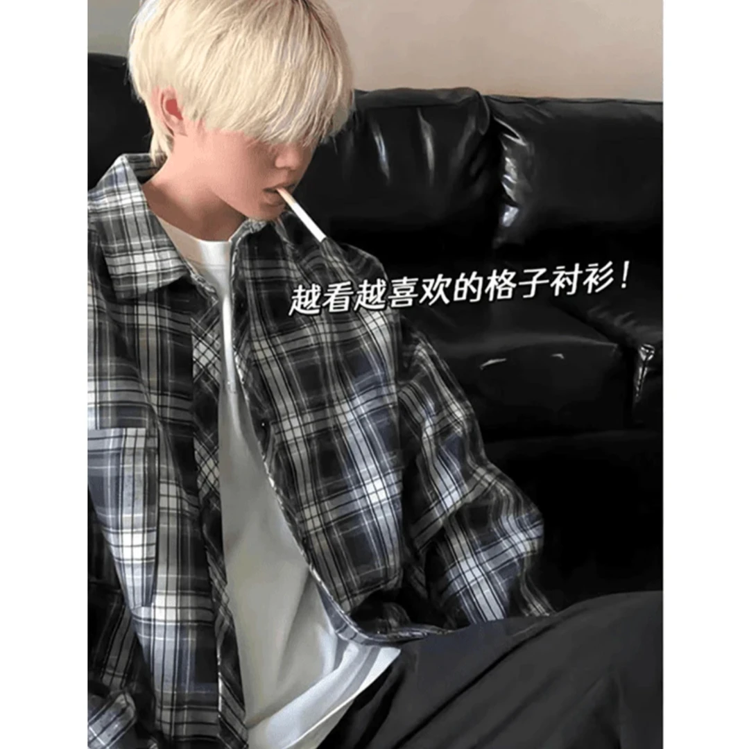 藏青色格子衬衫男春秋美式复古长袖上衣cleanfit情侣百搭休闲外套