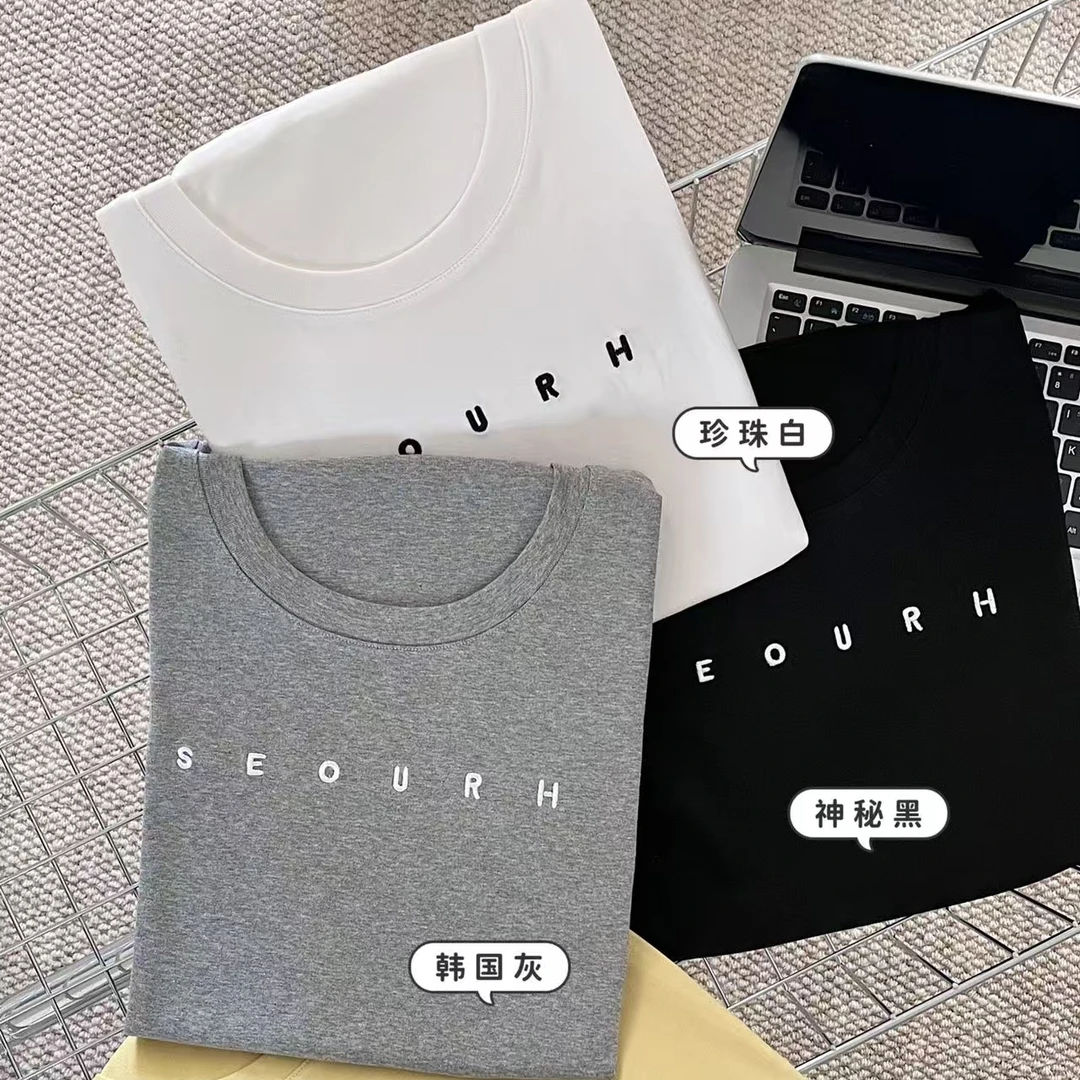 韩版T恤女圆领字母刺绣短袖百搭休闲上衣春夏季纯色外穿显瘦打底