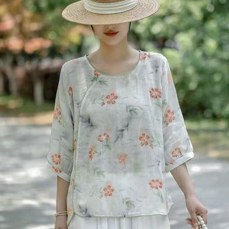 苎麻斜襟刺绣衬衫复古刺绣圆领上衣女装中式东方洛可可