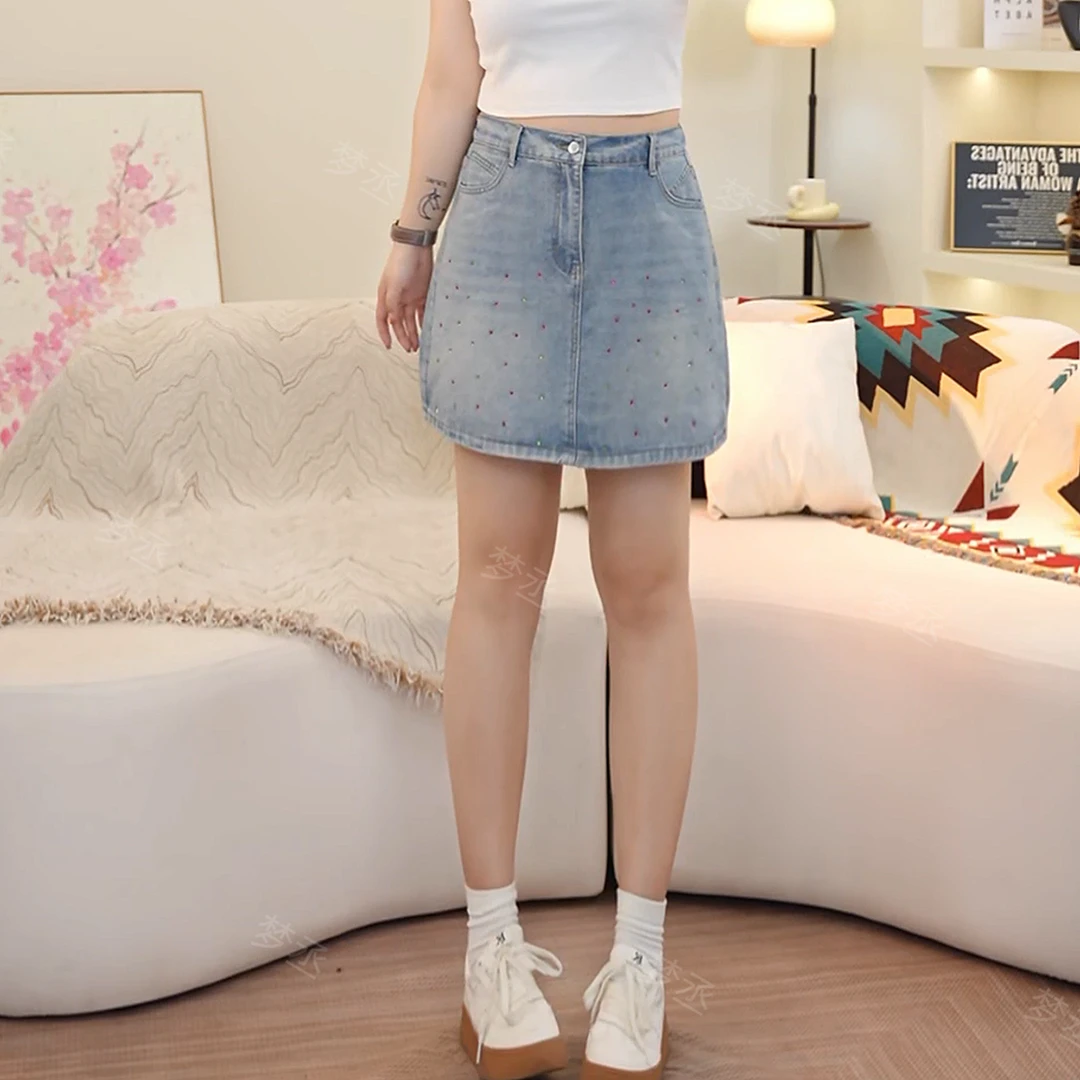 梦丞【璀璨】大码女装镶钻高级感短裙女气质显瘦小众百搭牛仔半身裙