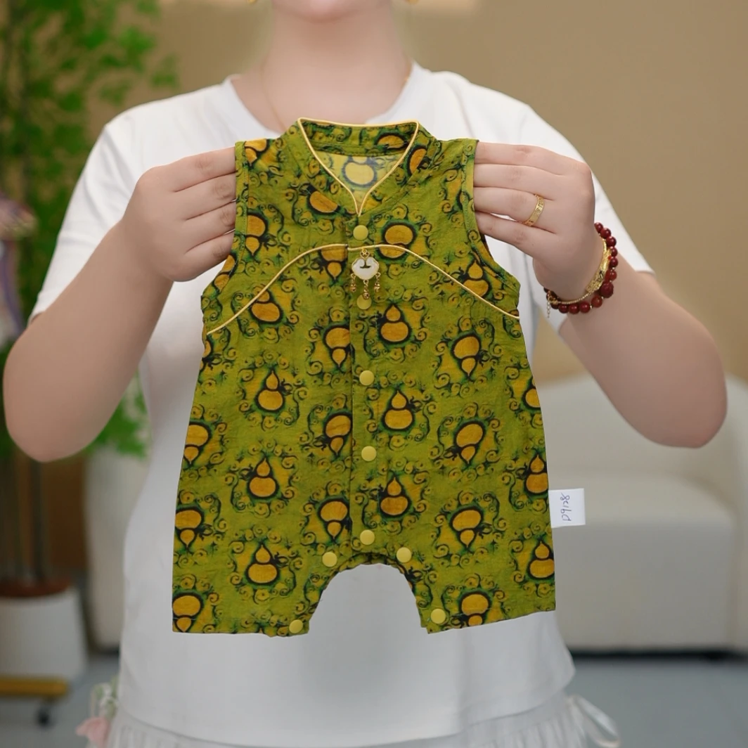 2025新款提花复古婴儿衣服夏季薄款无袖国风连体衣爬服新生儿汉服