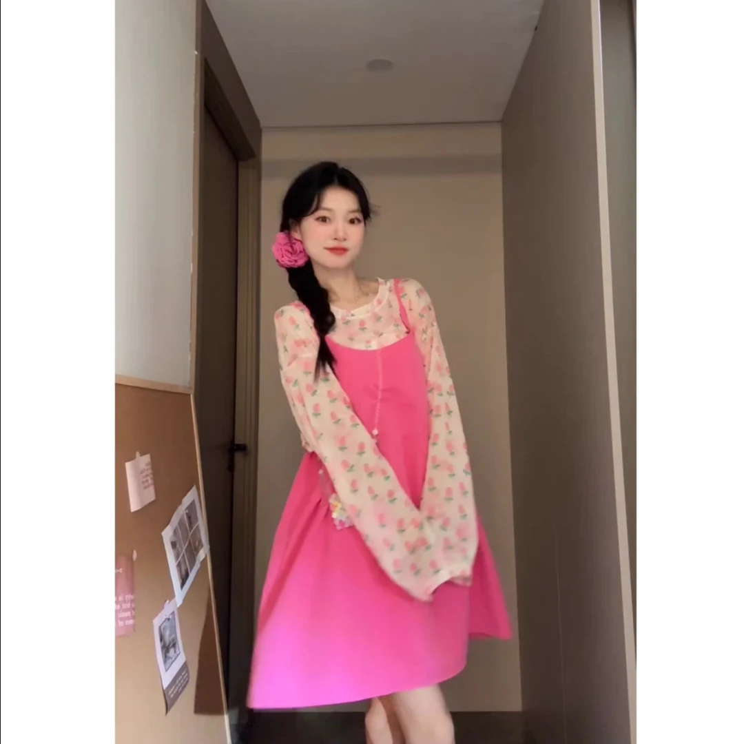 糖果色多巴胺穿搭夏日长袖防晒上衣吊带连衣裙女背带裙套装