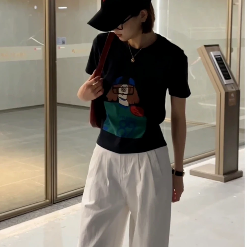 韩版时尚印花短袖t恤女2025夏季新款设计感休闲百搭正肩显瘦上衣