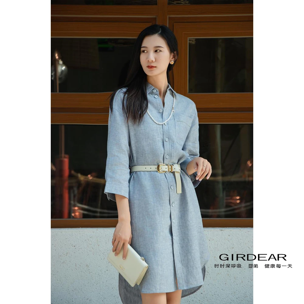GIRDEAR/哥弟薄款亚麻清凉透气宽松显瘦吊带衬衫连衣裙子1500521
