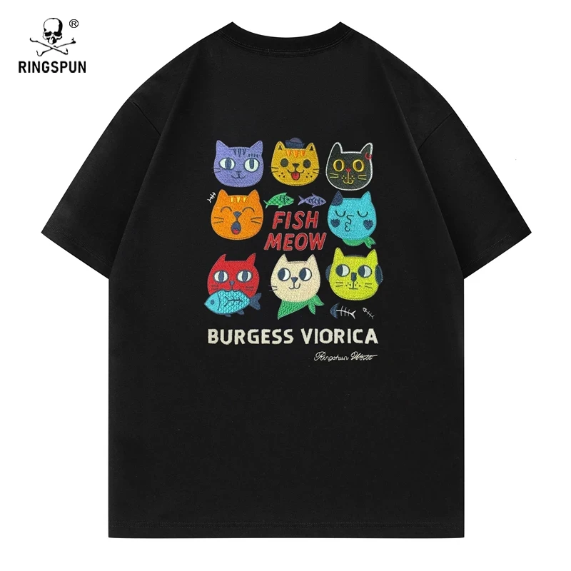 RINGSPUN【小猫】重磅美式潮牌T恤圆领休闲宽松短袖T恤男女同款ins