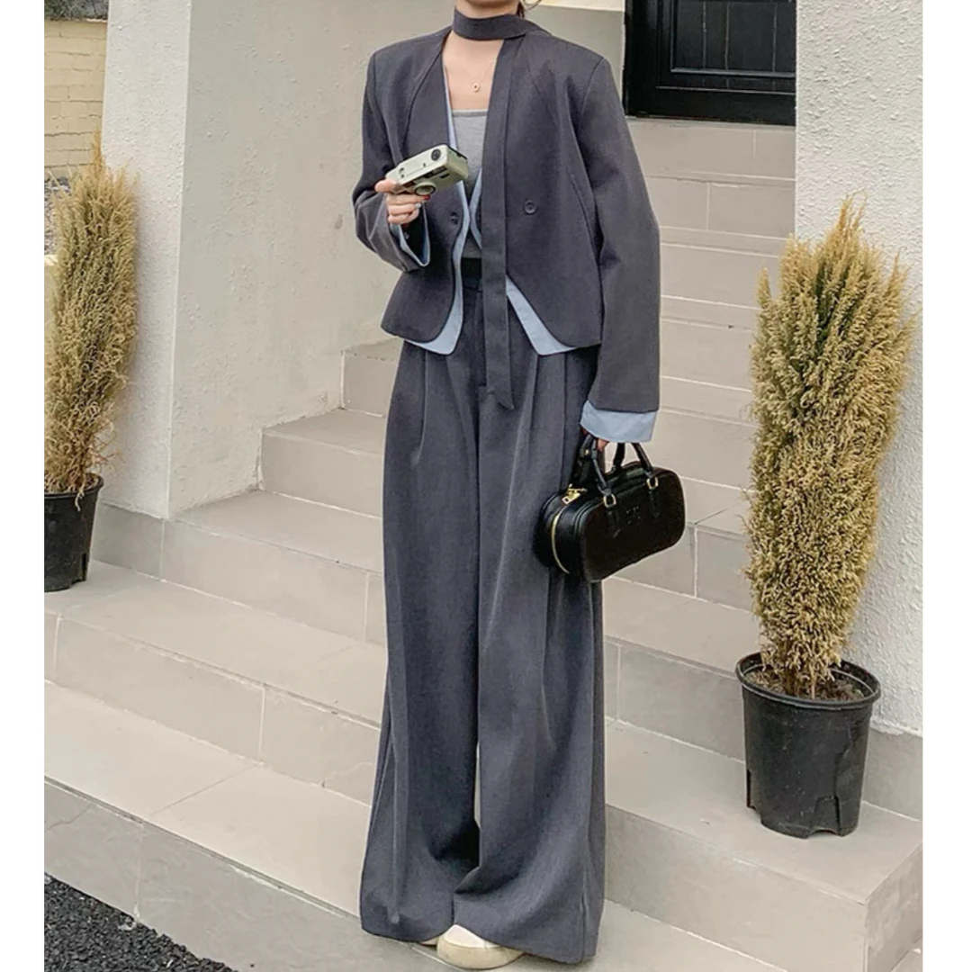 飘带拼接灰色西装套装春秋套装阔腿裤西装两件套