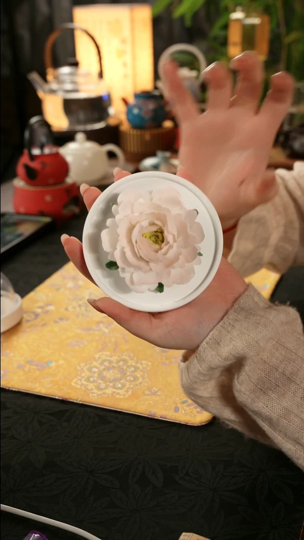 青云茶斋粉色山茶花瓷花摆件