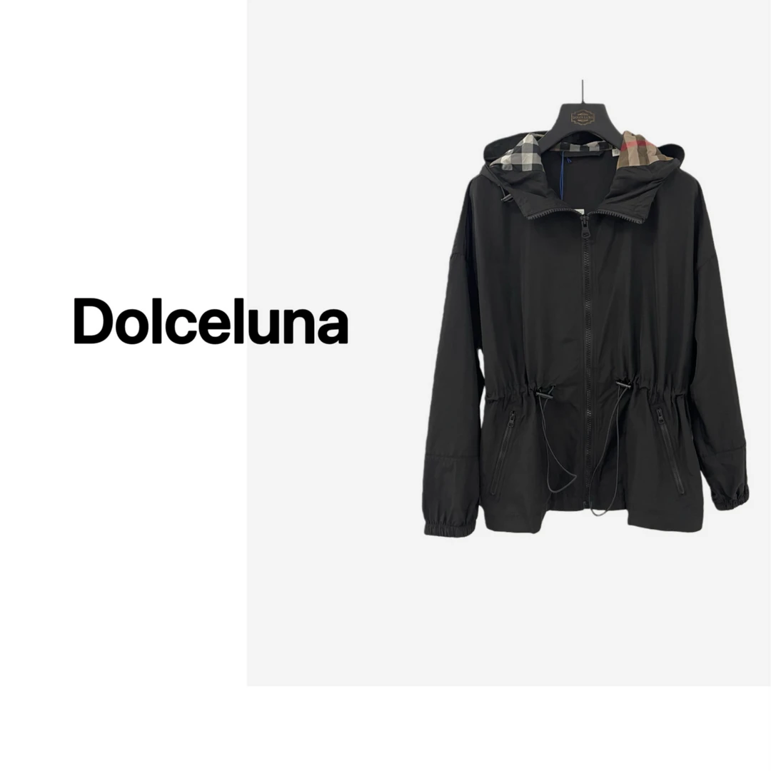 【月姐严选】早春连帽格子经典腰抽绳时尚女士短款风衣外套-17711