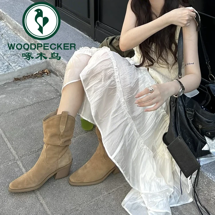 堆堆靴短靴卡其色美拉德高跟增高复古西部牛仔靴骑士靴