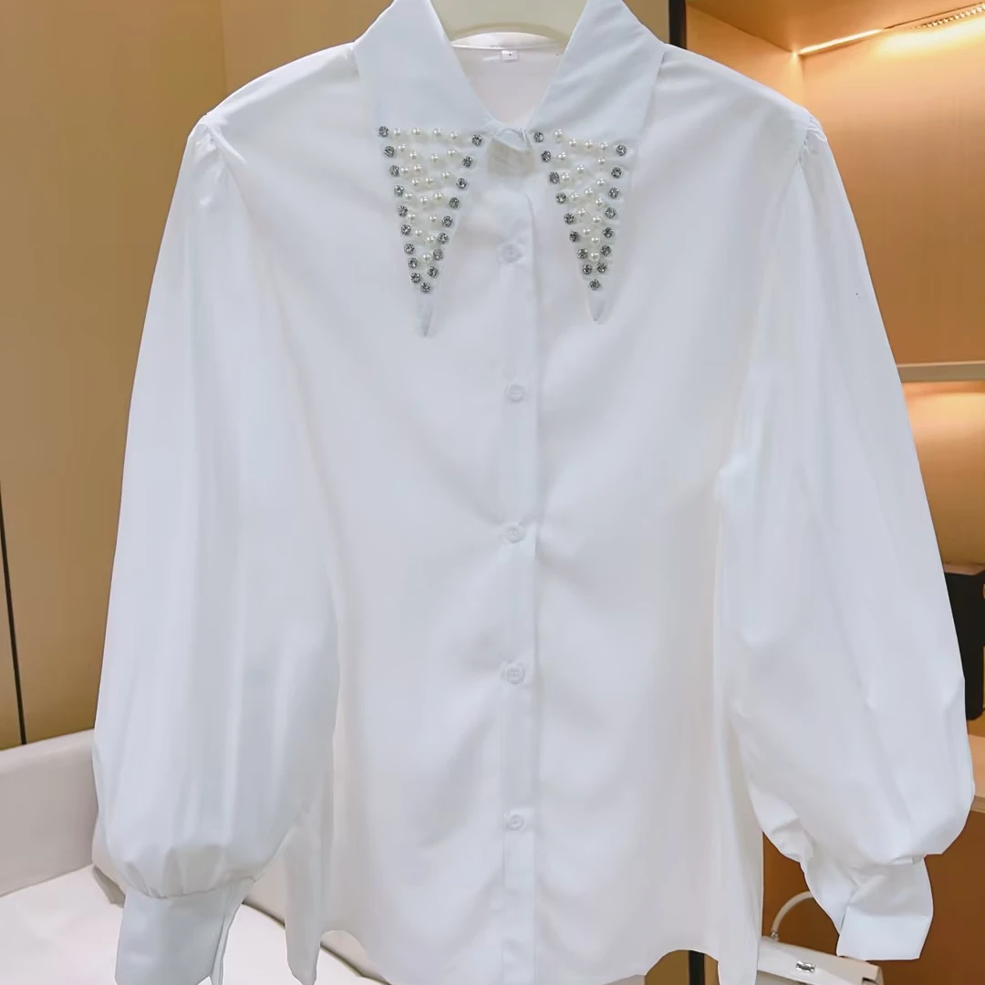 丨秋冬新款白色珍珠钻饰泡泡袖气质衬衫 5866