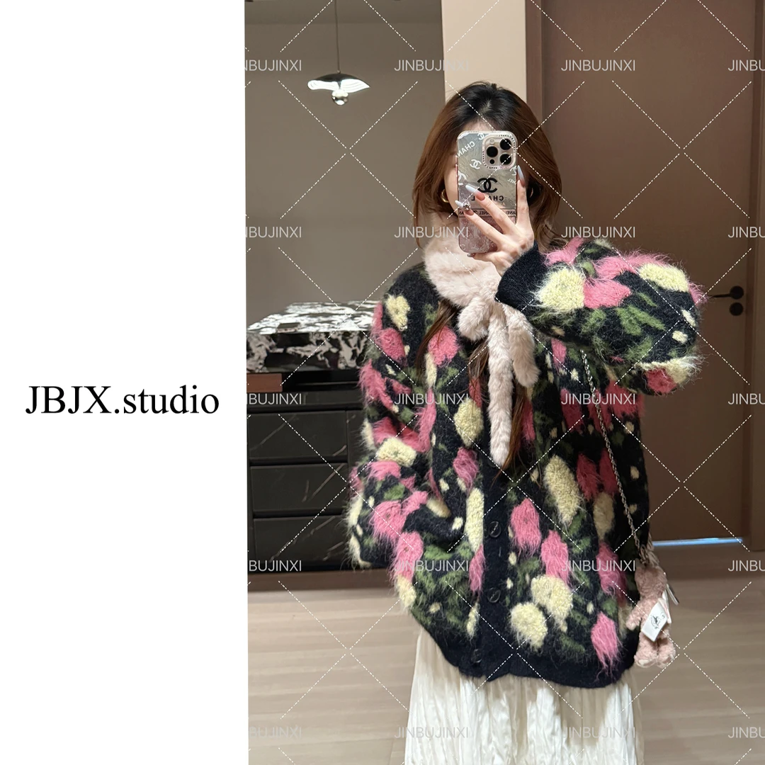 JBJX【重工提花 慵懒风设计感花色毛衣外套】冬季时尚百搭设计感