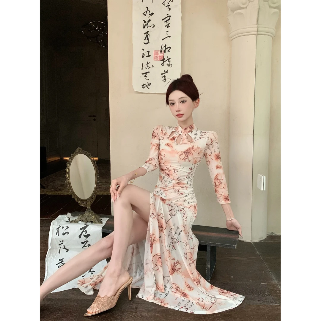国风中国风改良旗袍新品古典舞蹈服装碎花连衣裙多情种收腰演出服