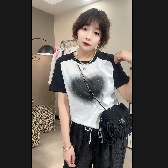 韩版撞色桃心T恤短袖