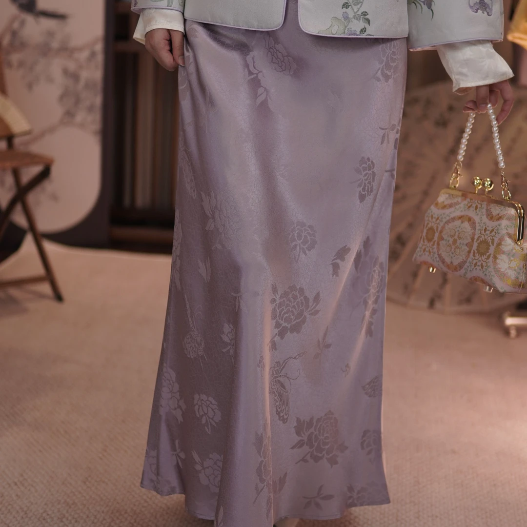 扶摇新中式真丝重锻满分桑蚕丝中长款半裙气质百搭提花中国风