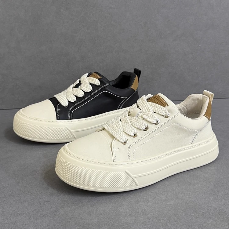 小白鞋男秋季皮面透气潮流板鞋青年时尚休闲厚底潮鞋轻便百搭男鞋