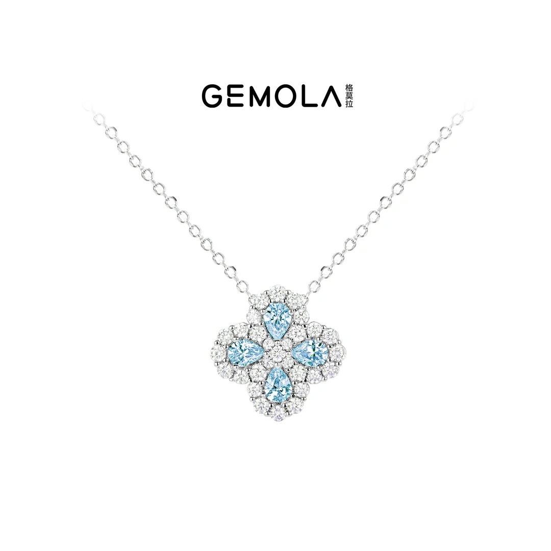 GEMOLA/格莫拉 坠链均925银合成锆石 帕拉蓝色四叶花项链10443XPL