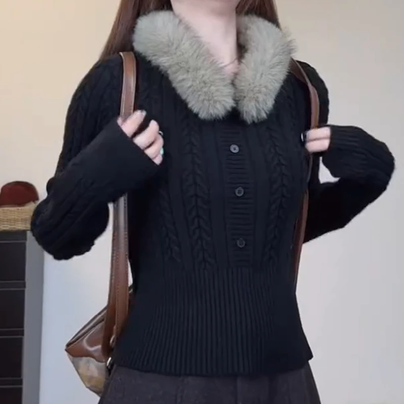 【純欲小撩】冬季可拆卸毛毛领复古麻花针织衫圆领毛衣LK2508565