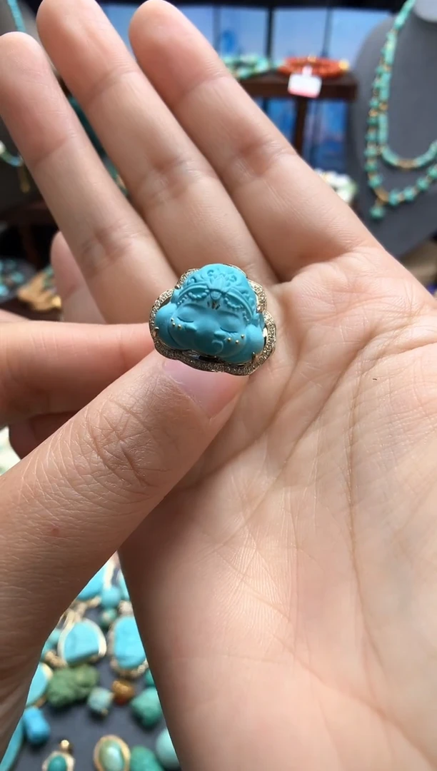 18K金镶嵌绿松石戒指高瓷绿松石象神戒指