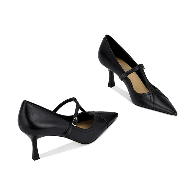 舒适细跟单鞋2025春季新款软皮小众设计感一字T型扣带尖头