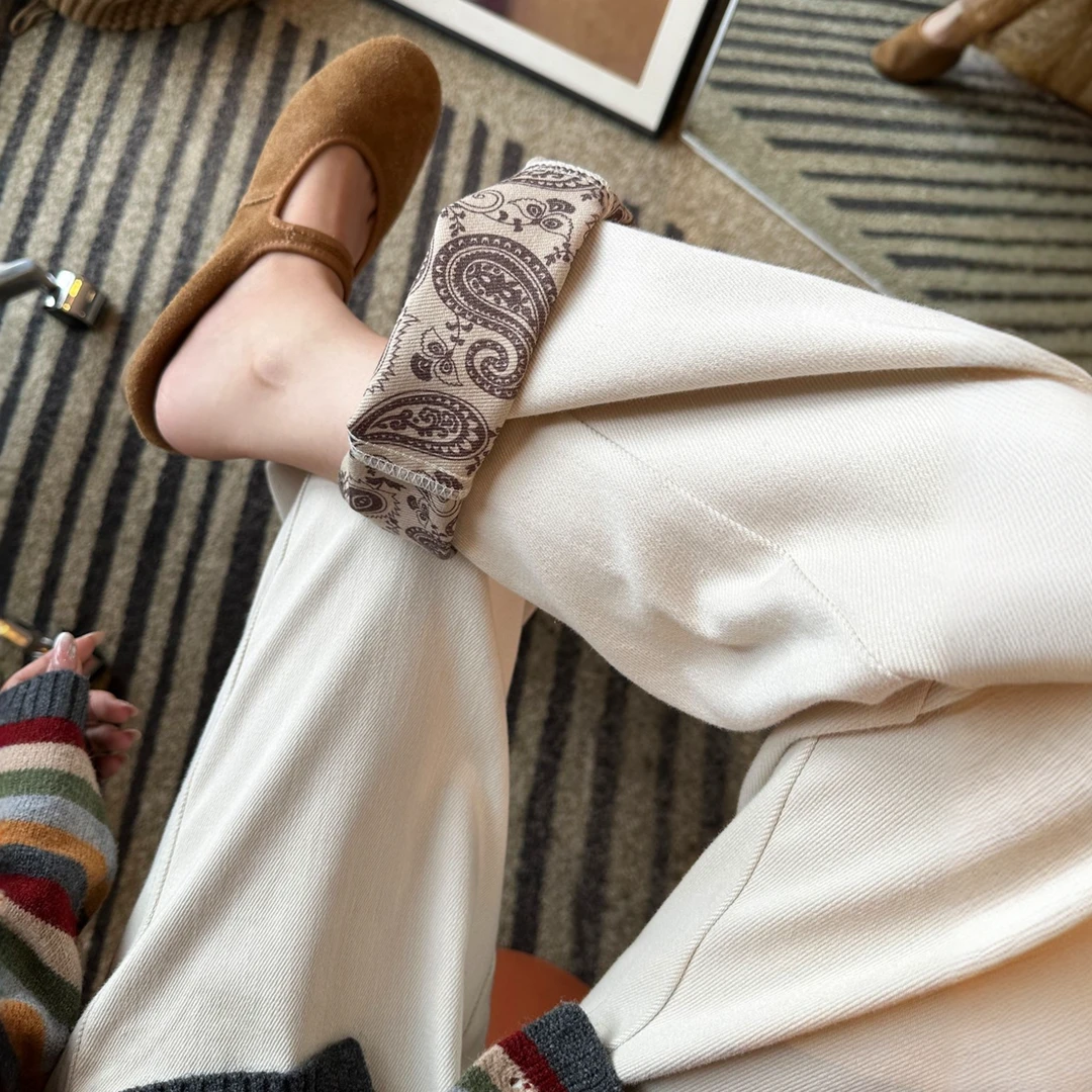 梨型必入~复古印花阔腿牛仔裤女秋新款小个子百搭高腰九分弯刀裤