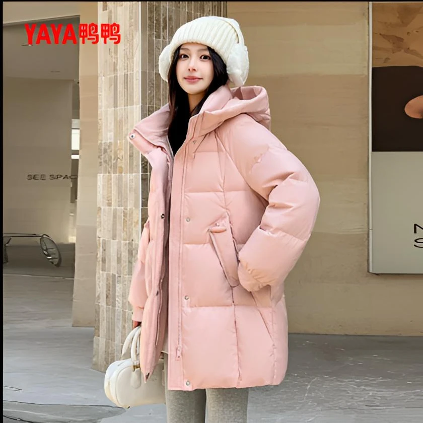 鸭鸭羽绒服女冬季中长款连帽时尚休闲宽松鸭绒羽绒服YE4B622841D