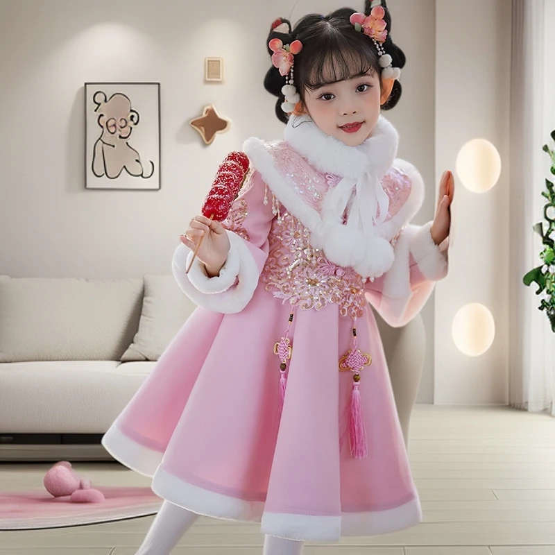 拜年服女童冬季加绒裙子儿童中国风古装唐装过年服宝宝汉服连衣裙