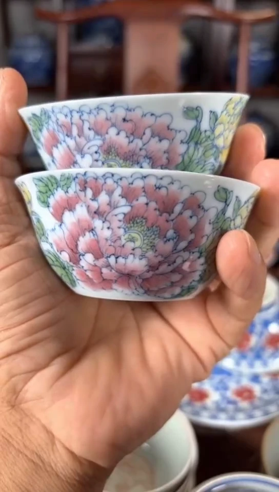 小*子柴窑釉下五彩花开富贵杯杯