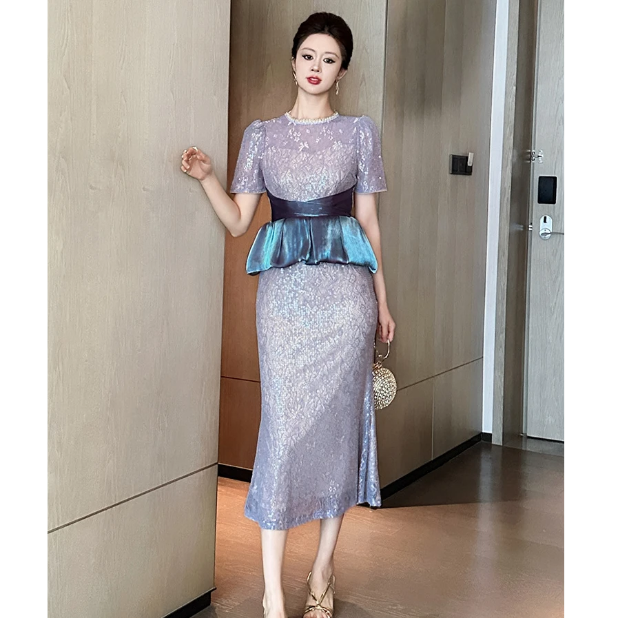 21677假两件立体手工花朵气质轻奢女装连衣裙