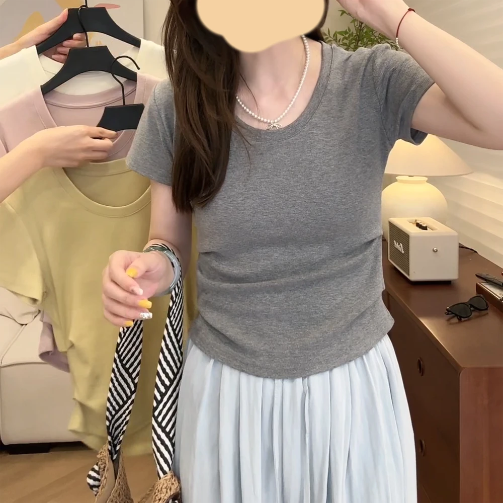 夏季氧气舒适u领正肩显瘦t恤弹力修身基础内搭打底短款短袖上衣
