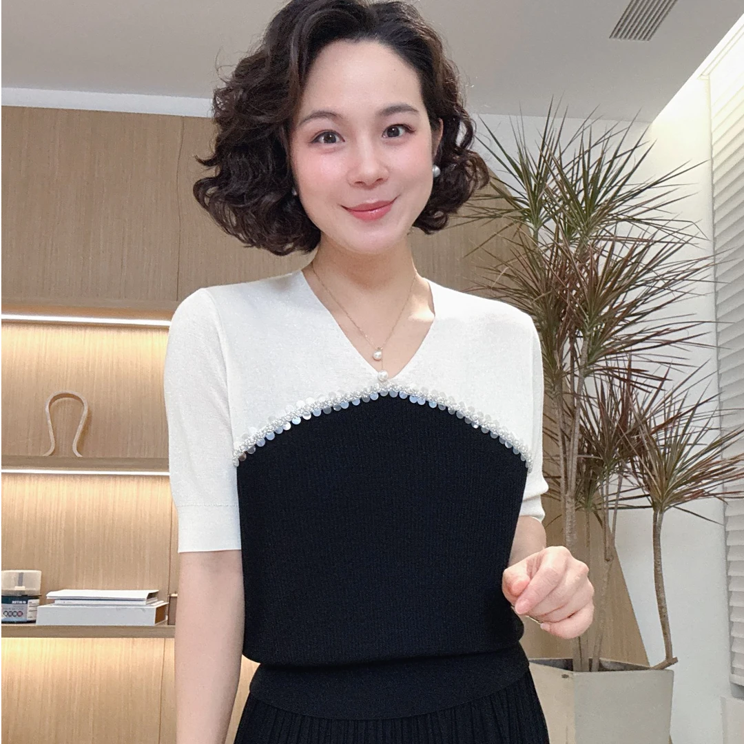 【天鹅舞曲】短袖V领针织亮片套头上衣#DQ2456