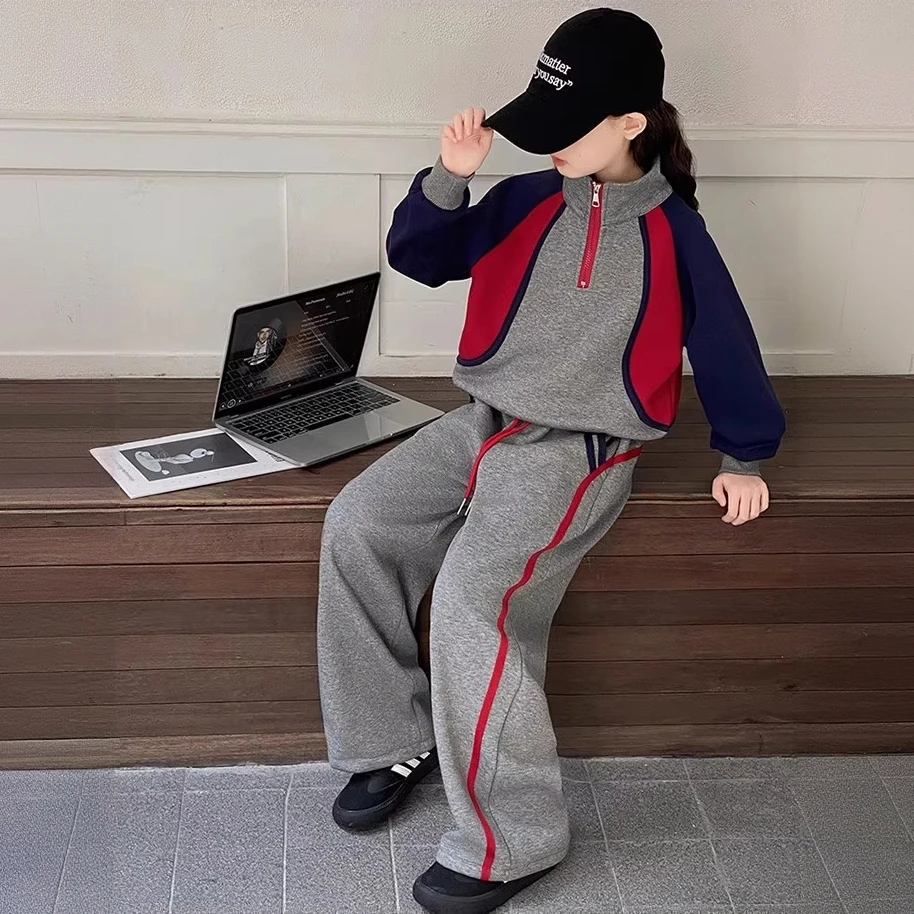 女童套装6-12岁潮款秋冬季2025新款童装加绒拼接卫衣阔腿裤两件套