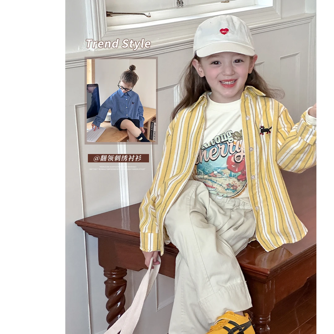 【依妈童品】女童秋款格子衬衣休闲宽松儿童刺绣条纹衬衫上衣24Y042