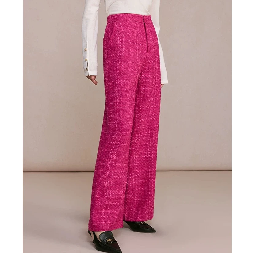 曼德S高腰阔腿裤2024小香风花呢编织工艺显瘦直筒休闲裤