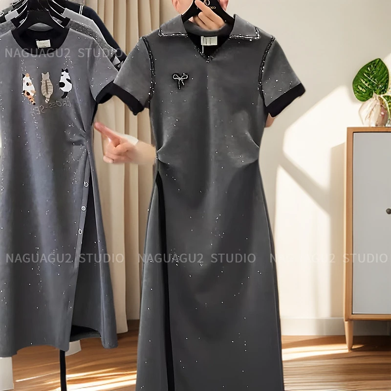 时尚高级感带亮钻爱心设计女装拼接烫钻蝴蝶结气质连衣裙