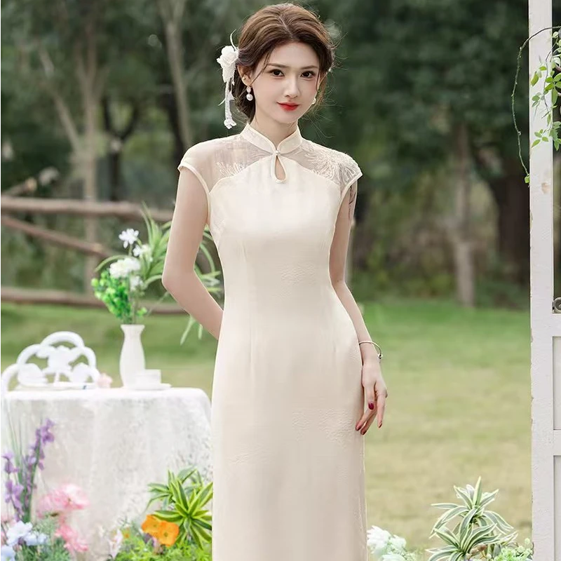 新款白色气质优雅中国风复古长款改良旗袍旗袍日常高级修身显瘦