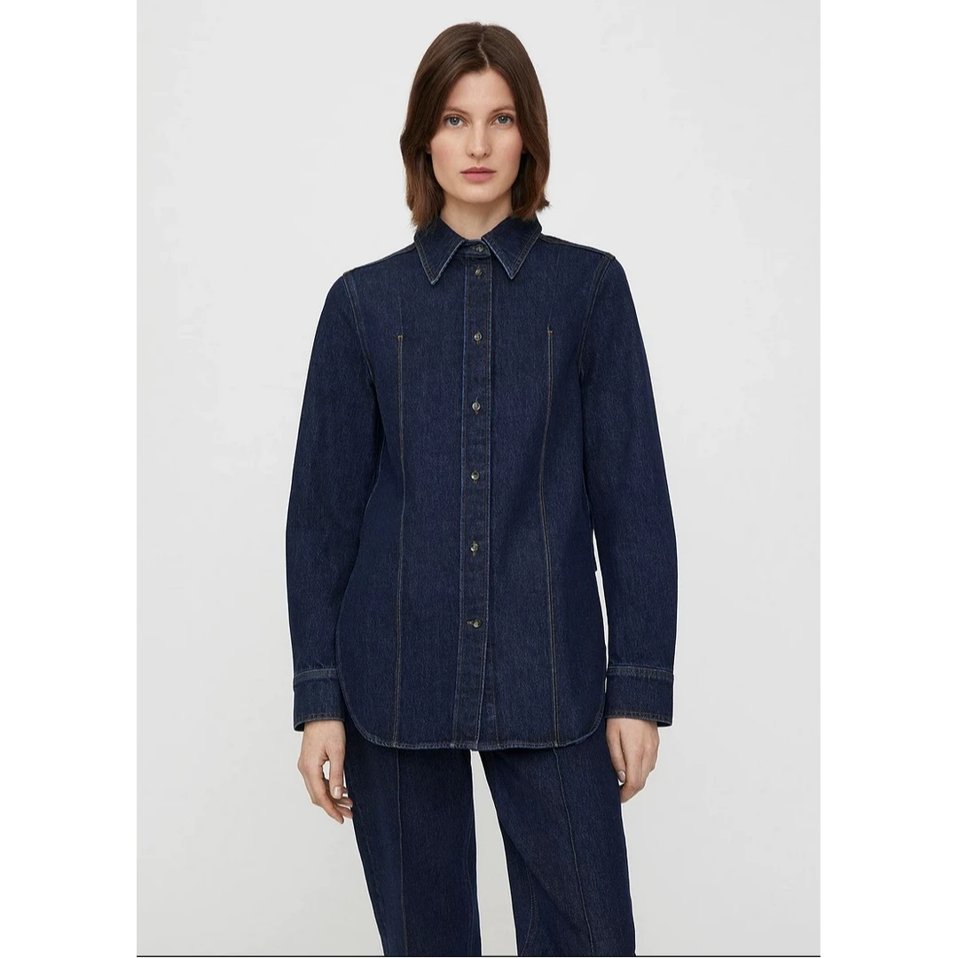 慕溢-25时尚靛蓝色长袖牛仔侧开叉翻领衬衫