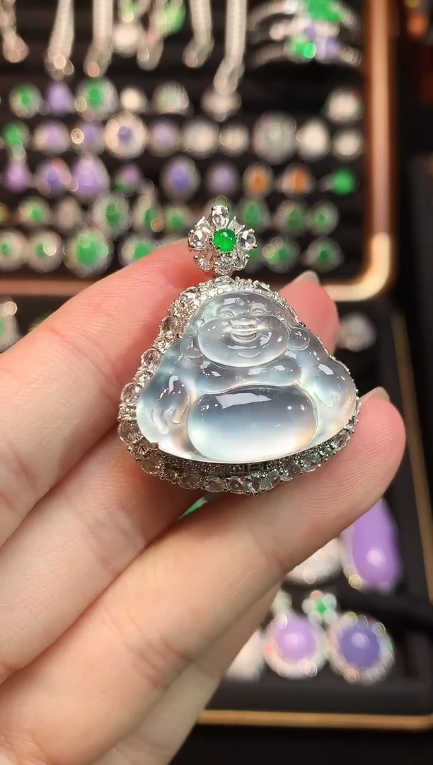 吊坠(赠链)18K金镶嵌翡翠玻璃钢极光白佛公吊坠