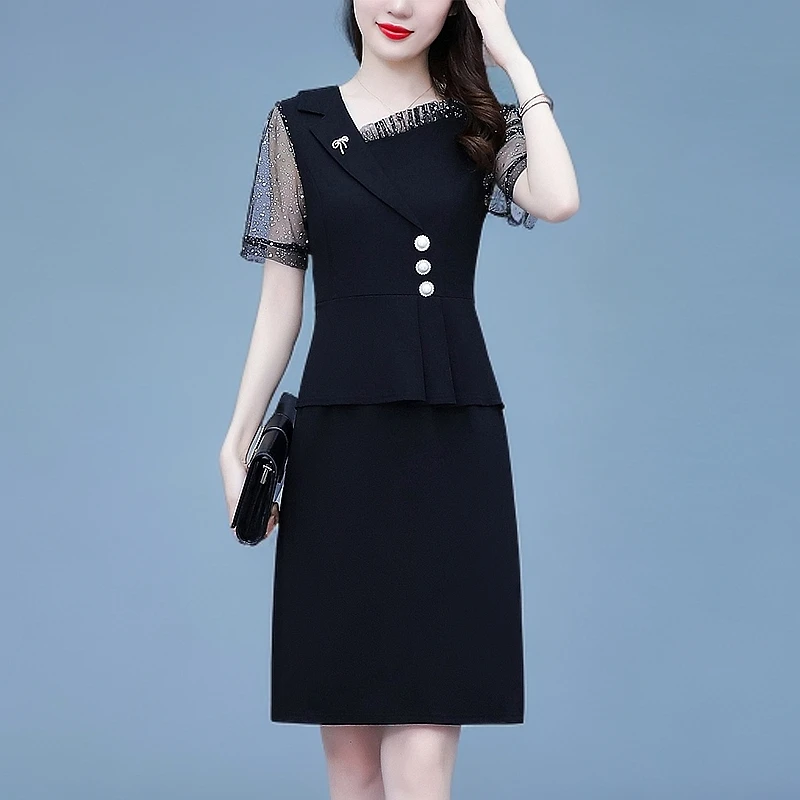 假两件2025年大码夏季新款简约洋气亮片拼接开叉包臀气质显瘦裙子