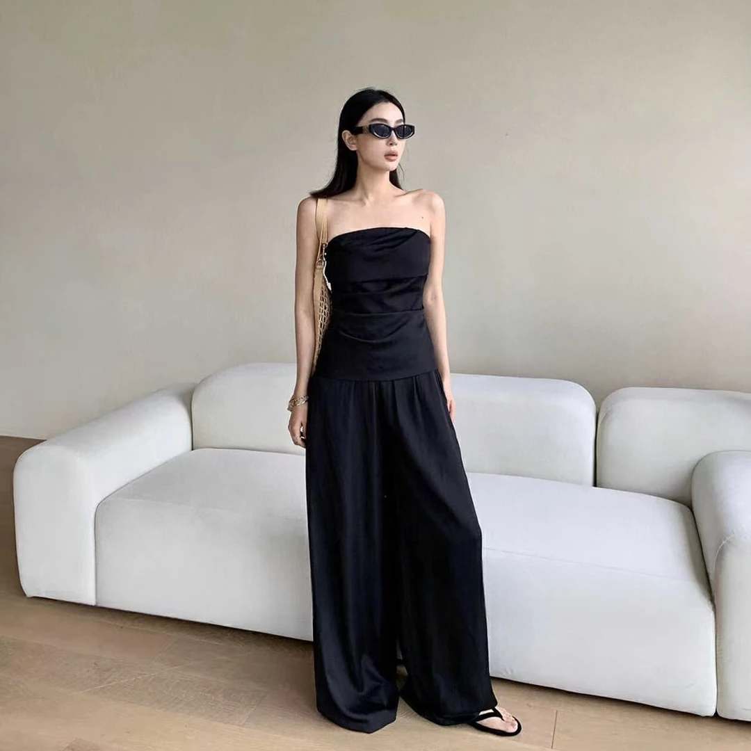 设计感褶皱修身抹胸小衫+松紧腰宽松阔腿长休闲裤套装