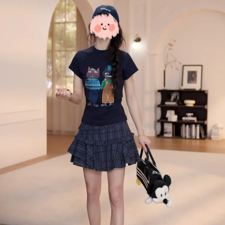 2025夏季百搭气质套装女洋气短袖T恤显瘦松紧腰花裙短裙俩件套