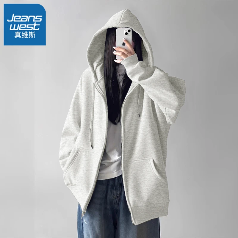 真维斯浅灰色连帽卫衣外套女2026款春季小个子美式宽松开衫上衣L