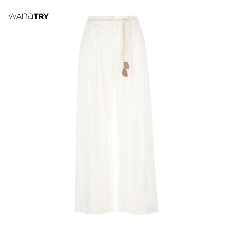 【自播专享】wana try  白色天丝亚麻慵懒感阔腿裤（含腰带）