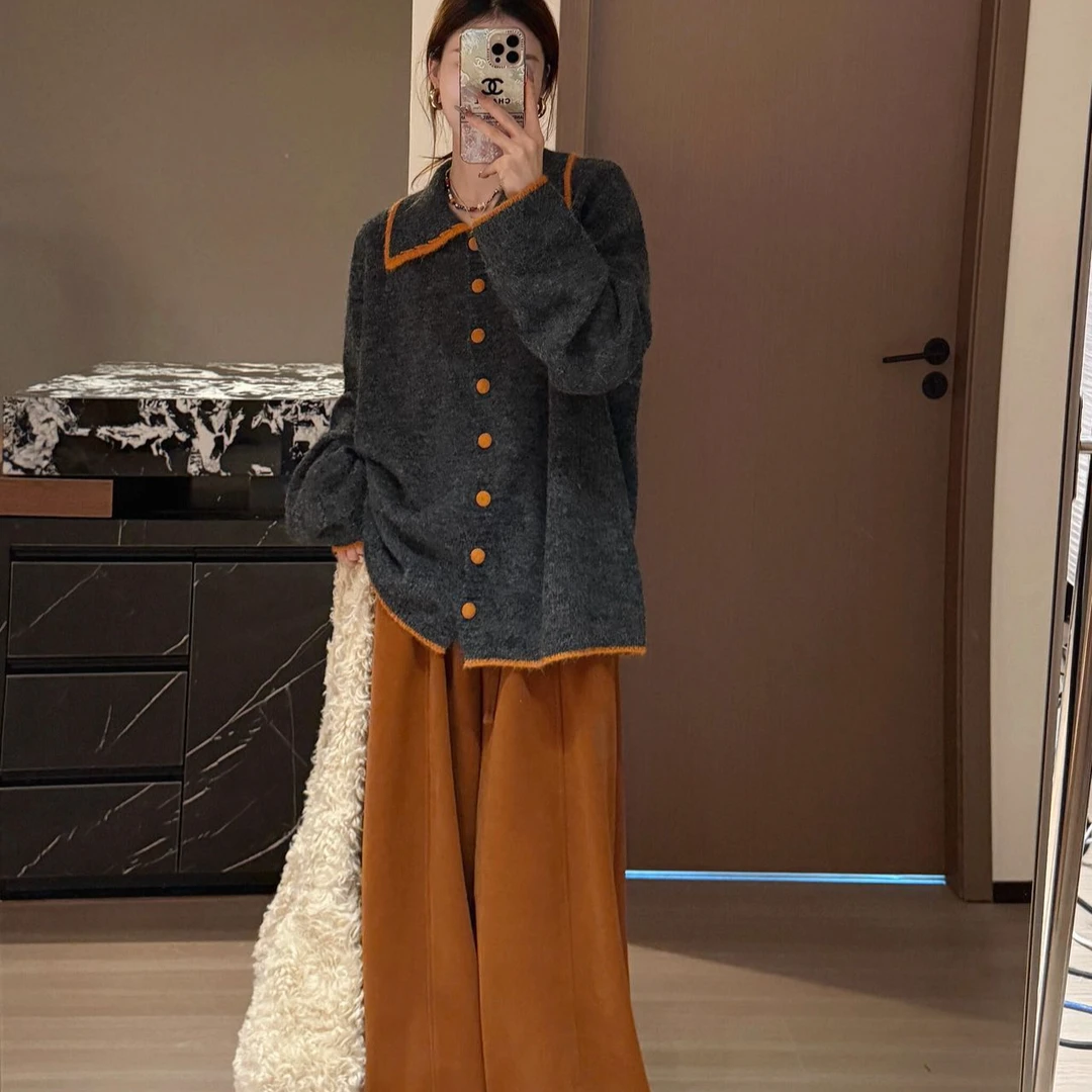 松弛感撞色翻领毛衣开衫女秋冬季新款慵懒风宽松显瘦百搭外套上衣