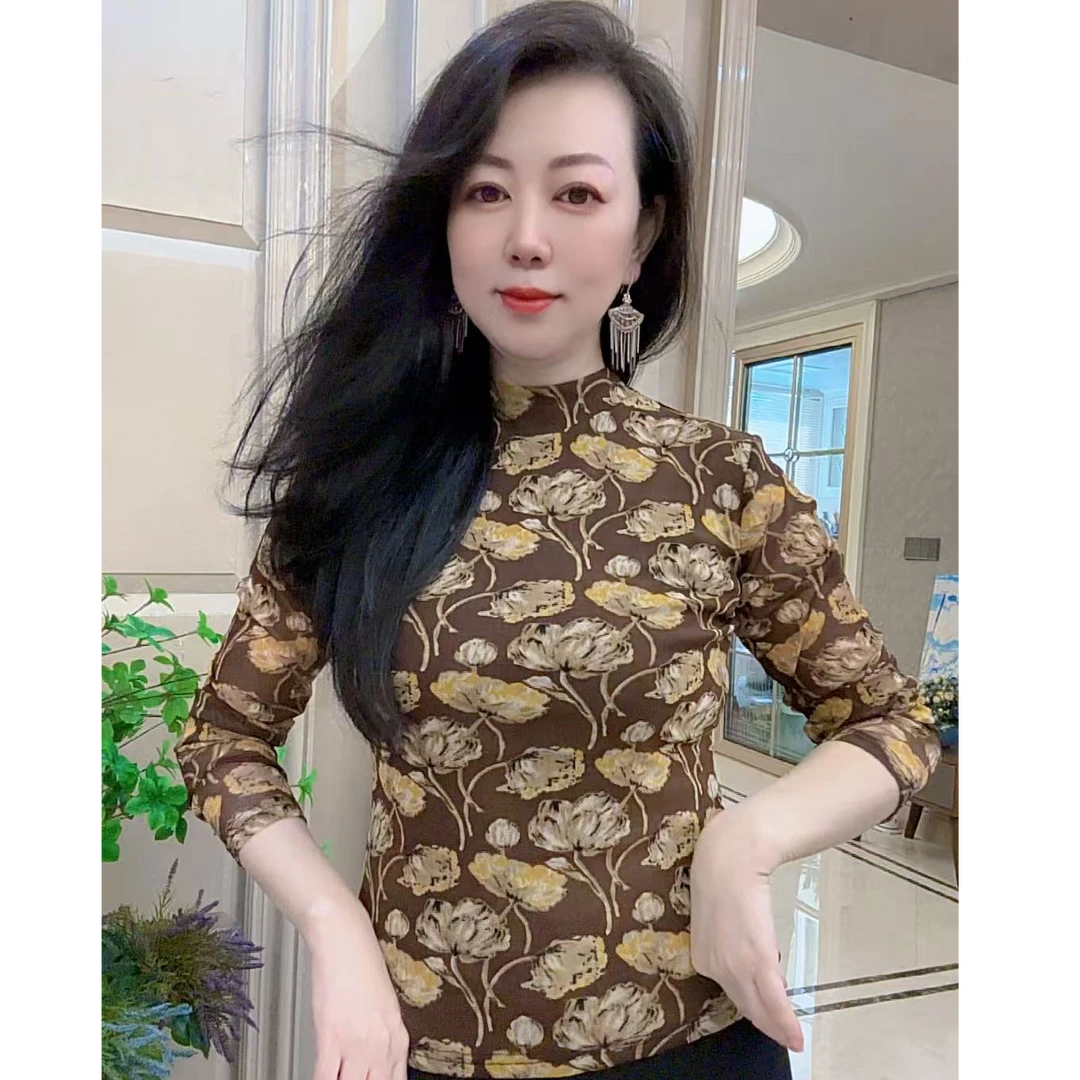 【花不定位】时尚长袖印花上衣气质潮流T恤设计感法式小衫高贵显瘦