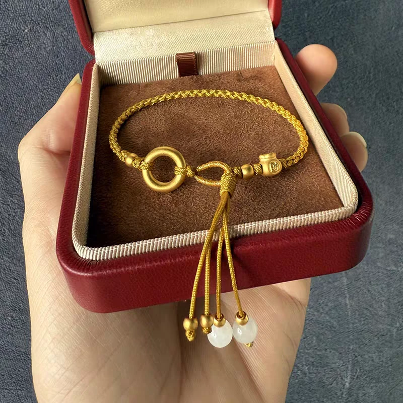 瑞诺黄金平安扣福袋手链女新款足金999编织手绳生日礼物送女友