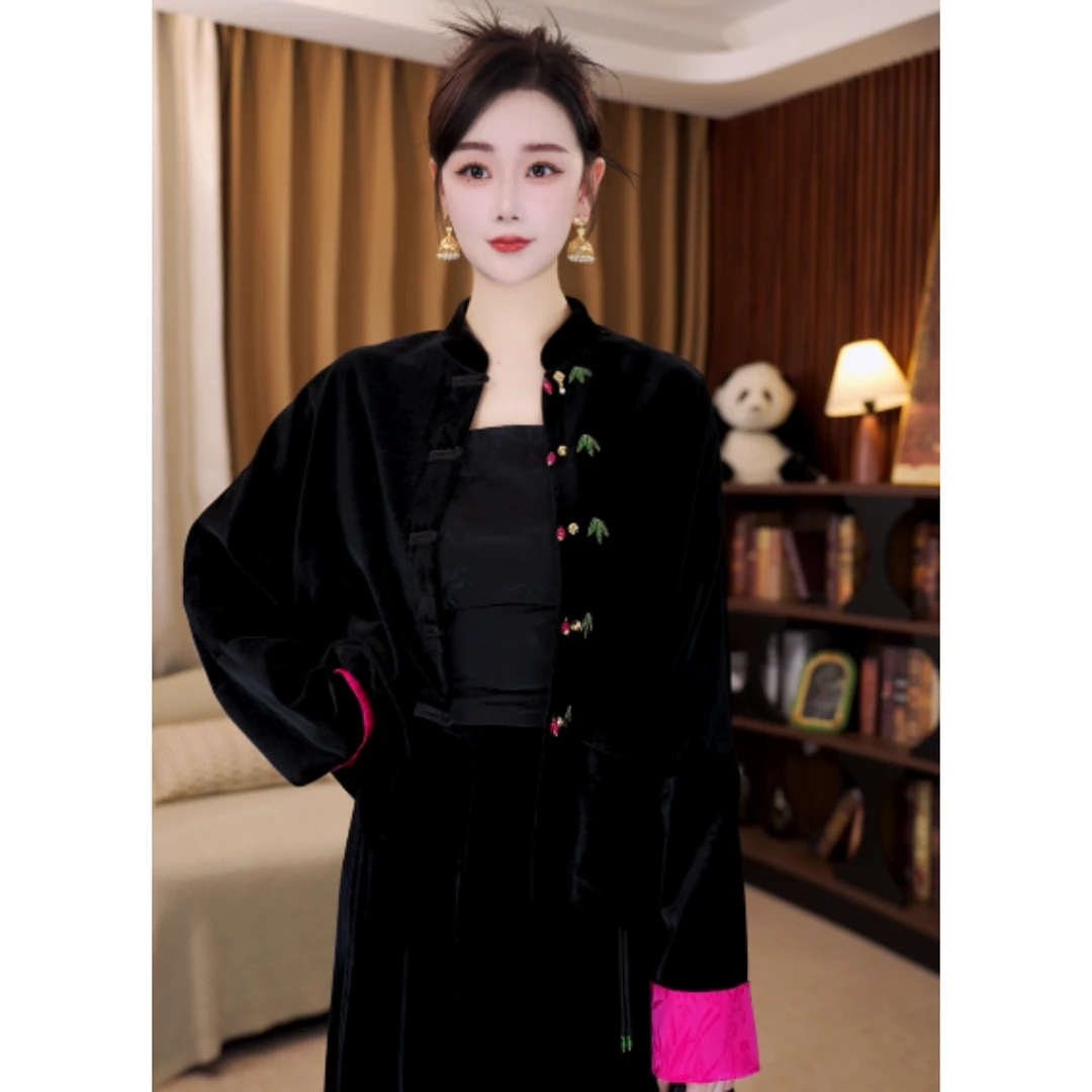 【念秋】100桑蚕丝新中式真丝丝绒衬衫秋季设计感拼色上衣LYFWT0856