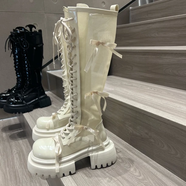 小众设计师款蝴蝶结网纱薄款骑士靴女2025年夏不过膝镂空机车长靴