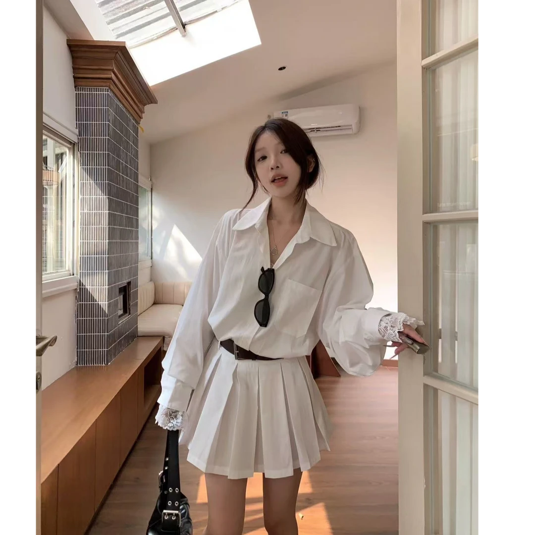 微胖女生胖mm新款Polo领蕾丝拼接衬衫百褶连衣裙收腰显瘦法式